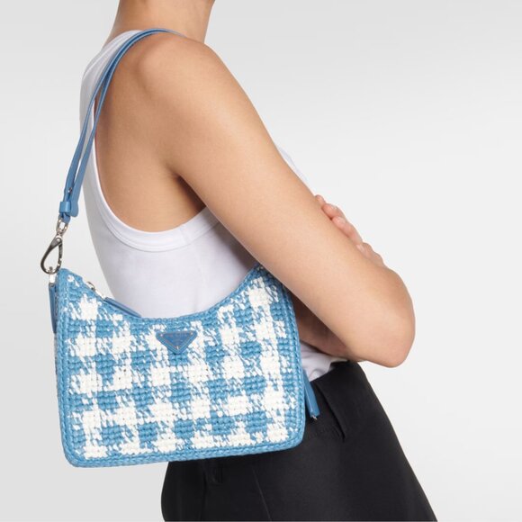 Prada Handbags - NWT Prada Re-Edition Mini Shoulder Bag Celeste Raffia Gingham Pattern Chain